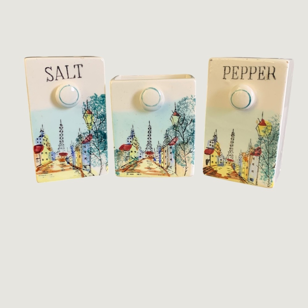 Vtg Japan Ceramic Salt Pepper Shakers Toothpick Holder Set Paris Street Scene